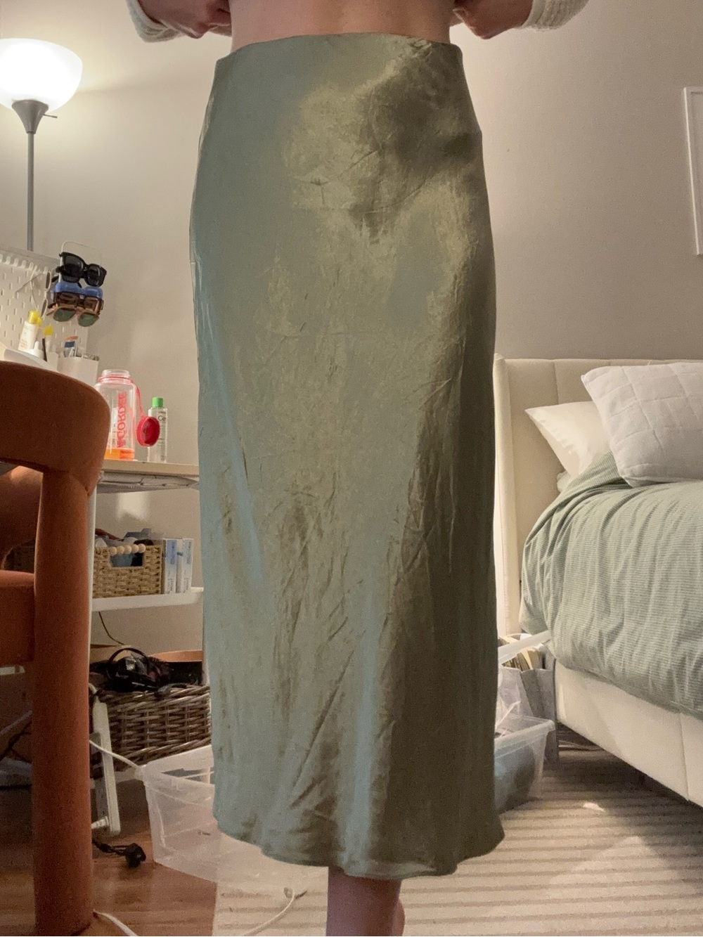 Aritzia Olive Satin Bias Midi Skirt